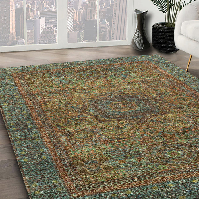 Machine Washable Abstract Khaki Green Rug in a Family Room, wshabs2353