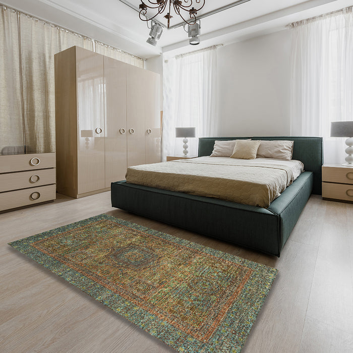 Machine Washable Abstract Khaki Green Rug in a Bedroom, wshabs2353