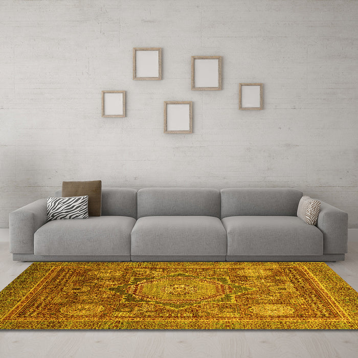 Machine Washable Abstract Yellow Modern Rug in a Living Room, wshabs2354yw