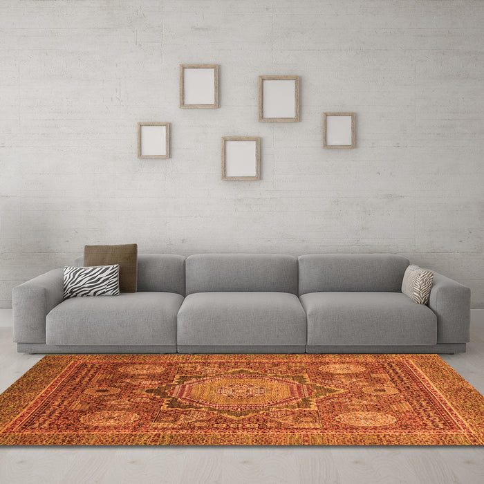 Machine Washable Abstract Orange Modern Area Rugs in a Living Room, wshabs2354org