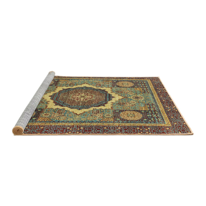 Sideview of Machine Washable Abstract Brass Green Rug, wshabs2357