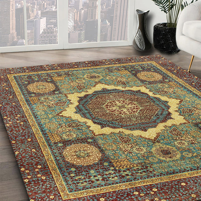 Machine Washable Abstract Brass Green Rug in a Family Room, wshabs2357