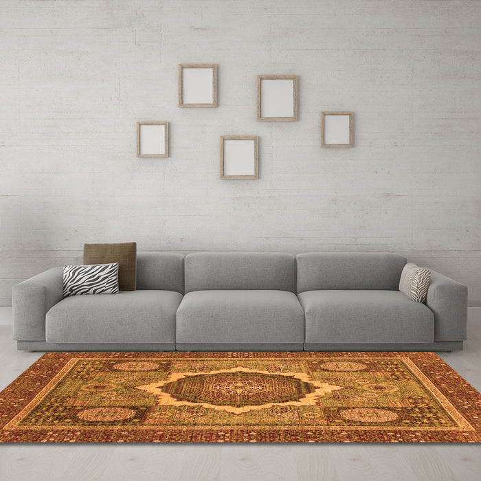 Machine Washable Abstract Orange Modern Area Rugs in a Living Room, wshabs2357org