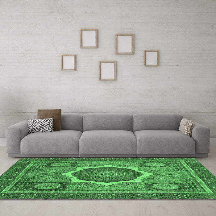 Machine Washable Abstract Emerald Green Modern Area Rugs in a Living Room,, wshabs2357emgrn