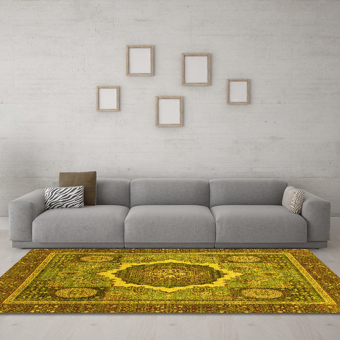 Machine Washable Abstract Yellow Modern Rug in a Living Room, wshabs2357yw