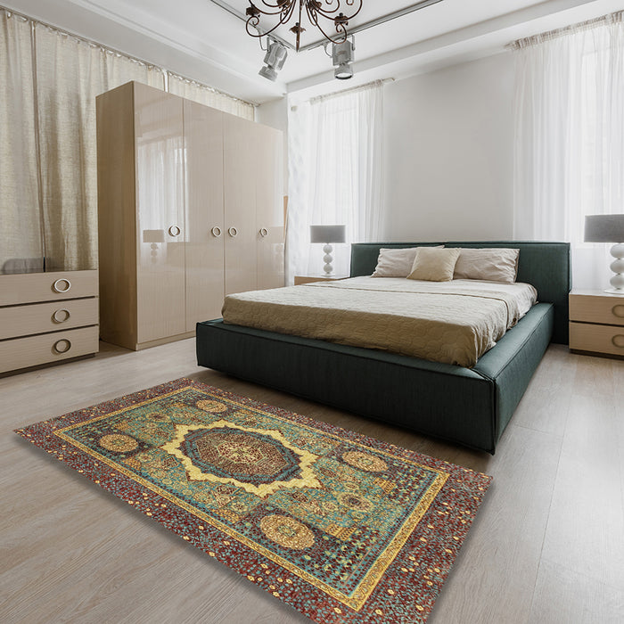 Machine Washable Abstract Brass Green Rug in a Bedroom, wshabs2357