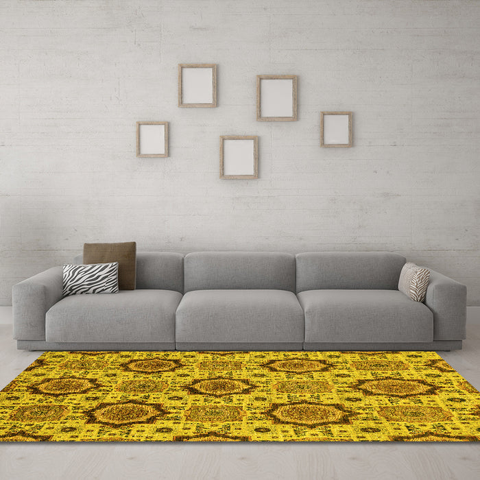 Machine Washable Abstract Yellow Modern Rug in a Living Room, wshabs2361yw