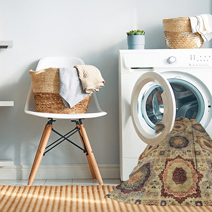 Machine Washable Abstract Brown Green Rug in a Washing Machine, wshabs2363