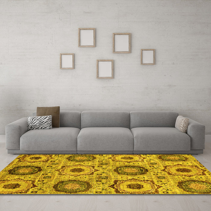Machine Washable Abstract Yellow Modern Rug in a Living Room, wshabs2363yw