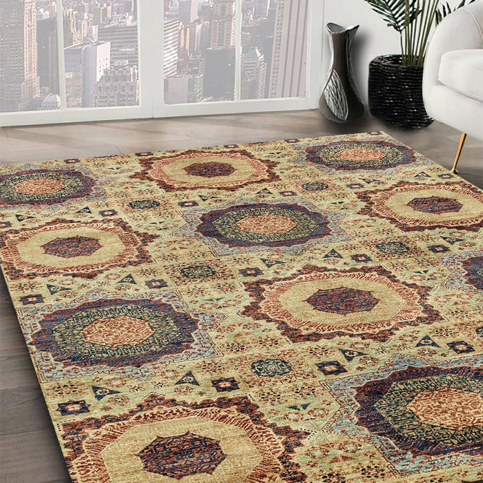 Machine Washable Abstract Brown Green Rug in a Family Room, wshabs2363