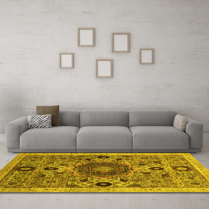 Machine Washable Abstract Yellow Modern Rug in a Living Room, wshabs2365yw