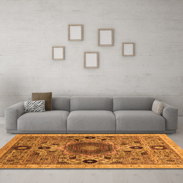 Machine Washable Abstract Orange Modern Area Rugs in a Living Room, wshabs2365org