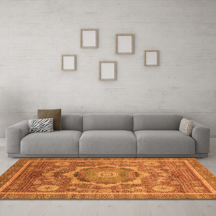 Machine Washable Abstract Orange Modern Area Rugs in a Living Room, wshabs2366org