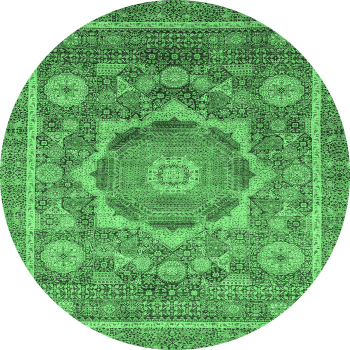 Round Machine Washable Abstract Emerald Green Modern Area Rugs, wshabs2366emgrn