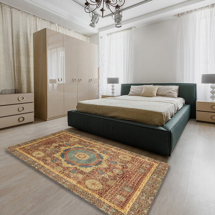 Abstract Metallic Gold Modern Rug in a Bedroom, abs2366
