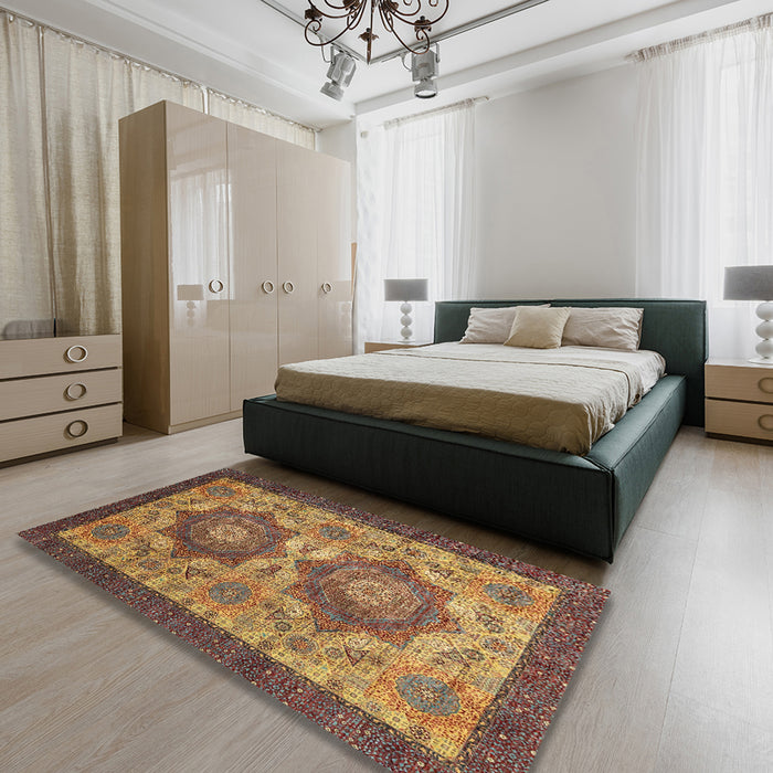 Machine Washable Abstract Metallic Gold Rug in a Bedroom, wshabs2367
