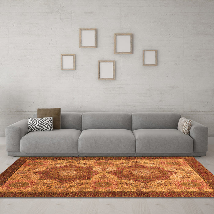 Machine Washable Abstract Orange Modern Area Rugs in a Living Room, wshabs2367org