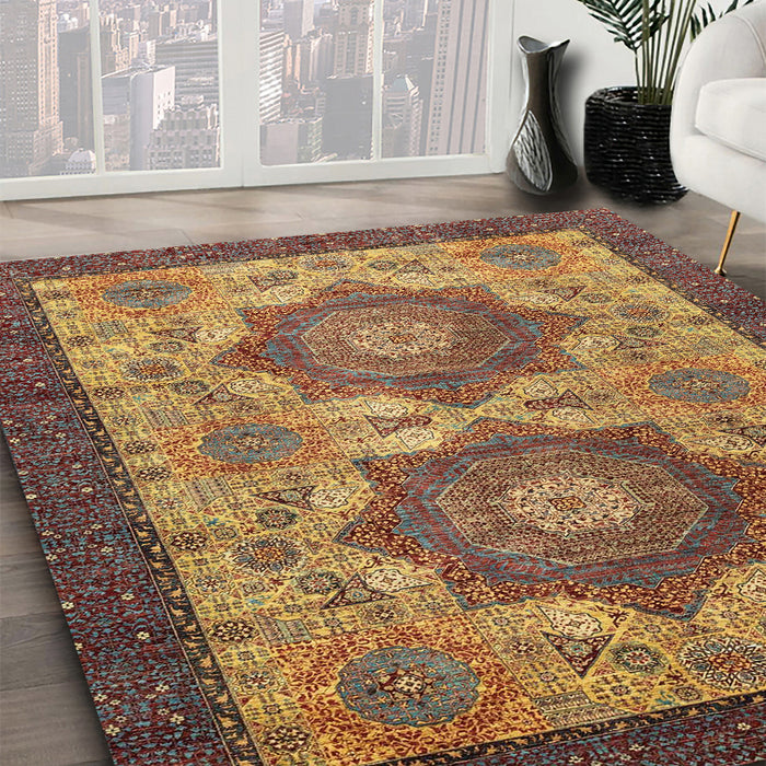 Machine Washable Abstract Metallic Gold Rug in a Family Room, wshabs2367