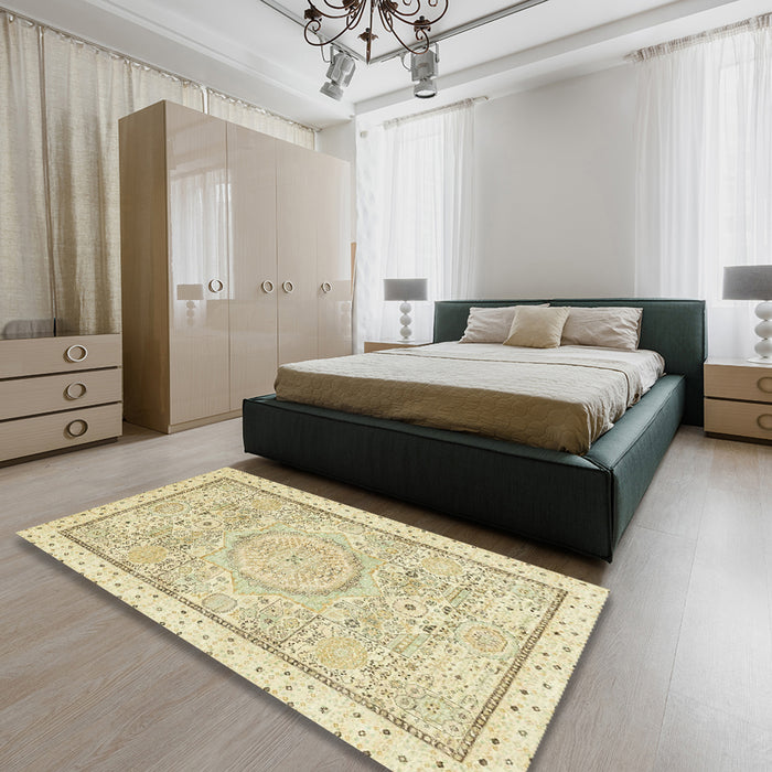 Machine Washable Abstract Khaki Gold Rug in a Bedroom, wshabs2369