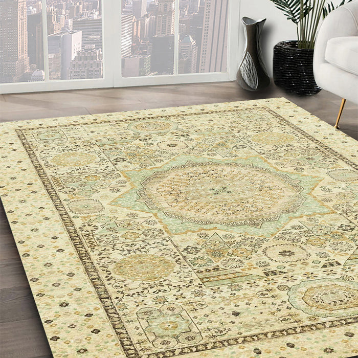 Abstract Khaki Gold Modern Rug in Family Room, abs2369