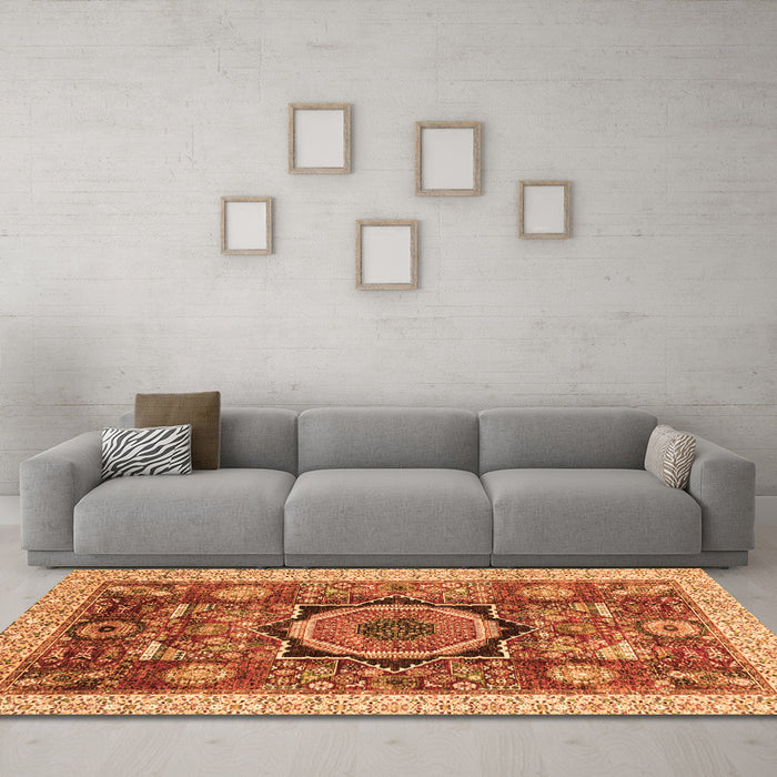Machine Washable Abstract Orange Modern Area Rugs in a Living Room, wshabs2370org