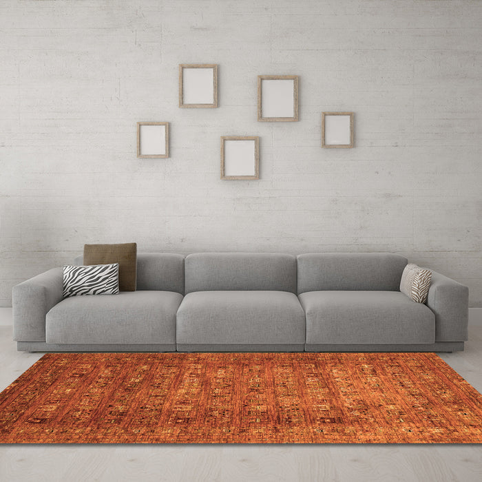Machine Washable Abstract Orange Modern Area Rugs in a Living Room, wshabs2371org