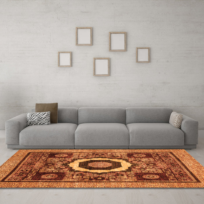 Machine Washable Abstract Orange Modern Area Rugs in a Living Room, wshabs2372org