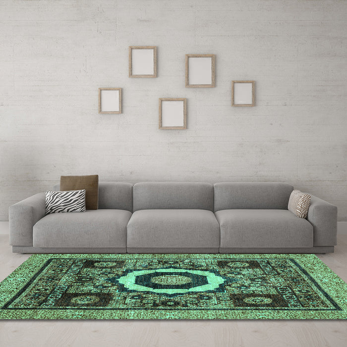 Machine Washable Abstract Turquoise Modern Area Rugs in a Living Room,, wshabs2372turq