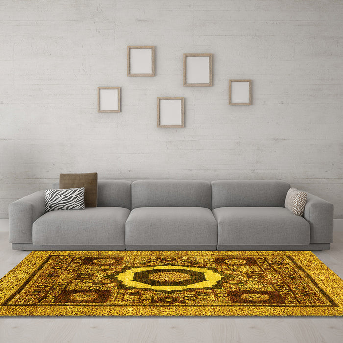 Machine Washable Abstract Yellow Modern Rug in a Living Room, wshabs2372yw