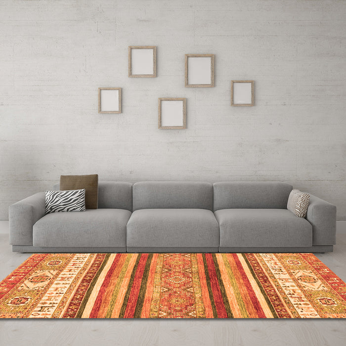 Machine Washable Abstract Orange Modern Area Rugs in a Living Room, wshabs2377org