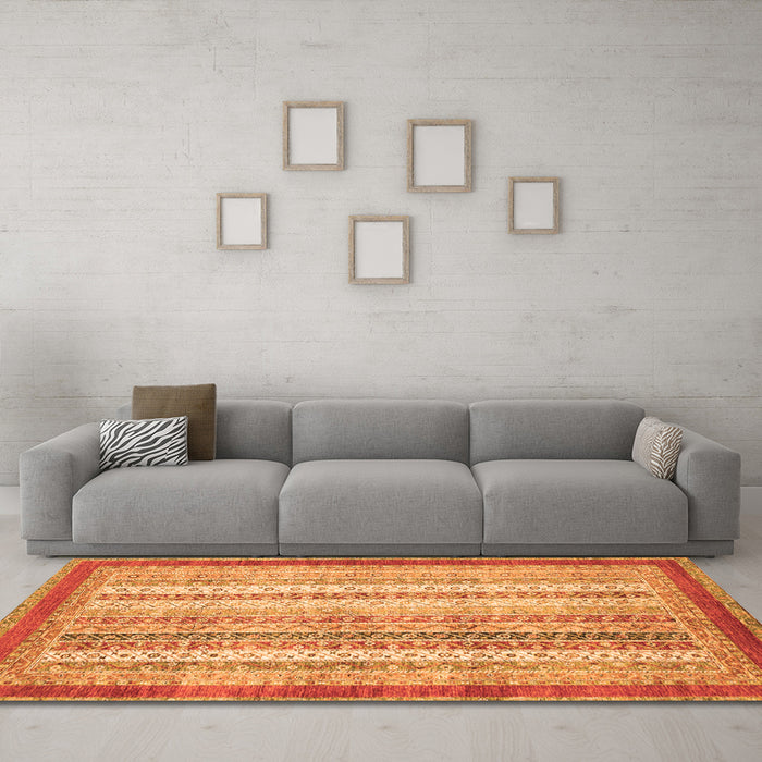 Machine Washable Abstract Orange Modern Area Rugs in a Living Room, wshabs2379org