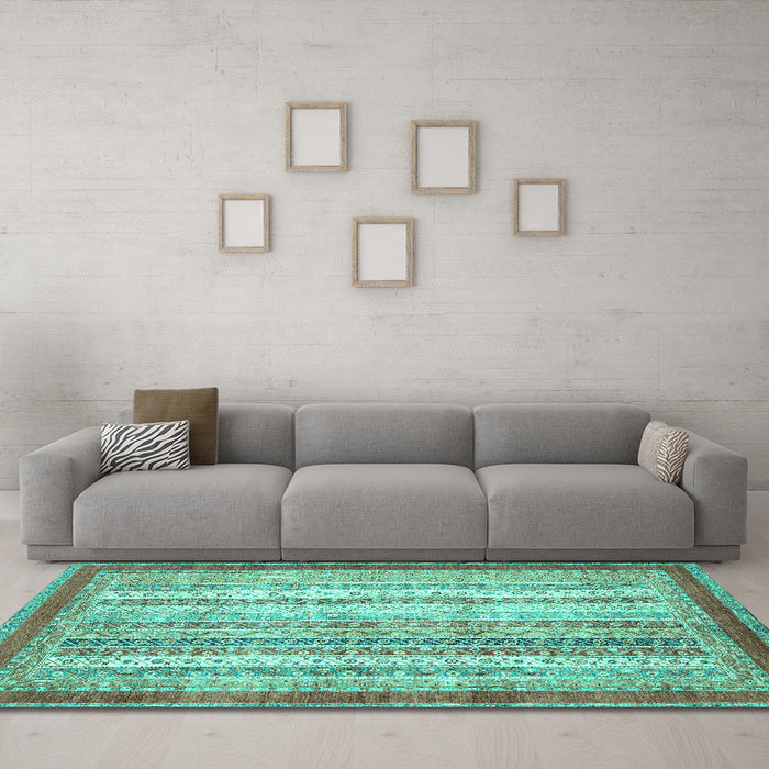 Machine Washable Abstract Turquoise Modern Area Rugs in a Living Room,, wshabs2379turq
