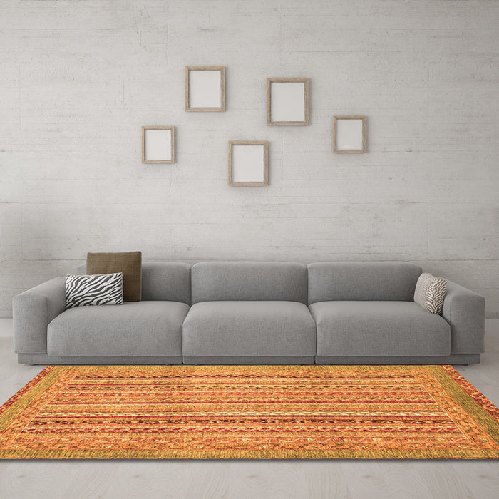 Machine Washable Abstract Orange Modern Area Rugs in a Living Room, wshabs2380org