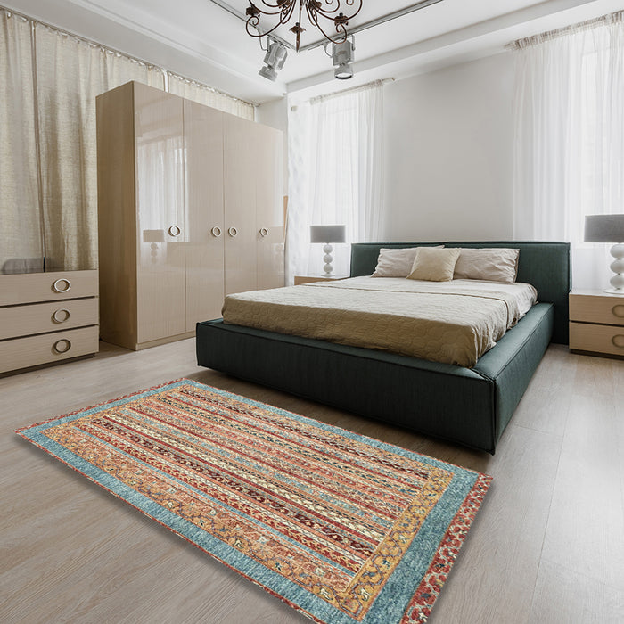 Abstract Gold Brown Modern Rug in a Bedroom, abs2380