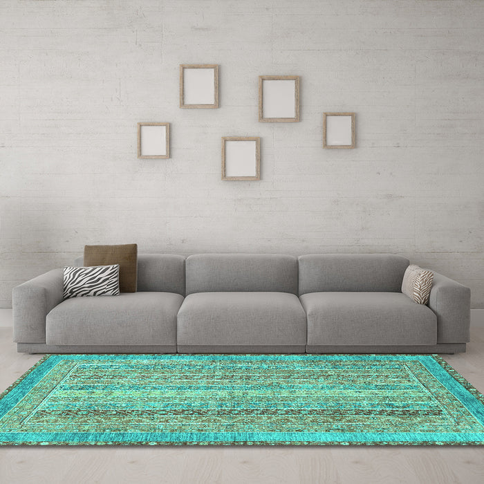 Machine Washable Abstract Turquoise Modern Area Rugs in a Living Room,, wshabs2381turq