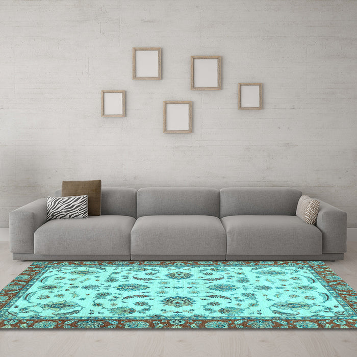 Machine Washable Oriental Light Blue Traditional Rug in a Living Room, wshabs2385lblu