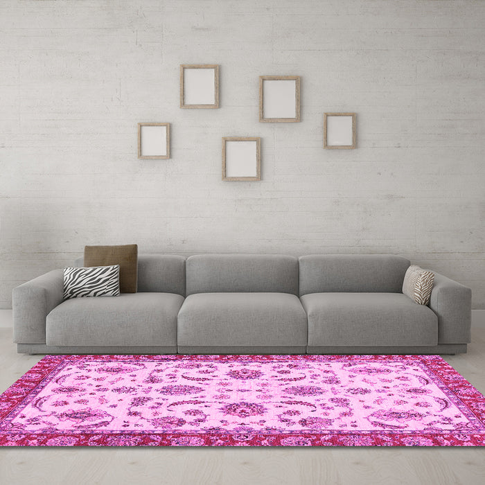 Machine Washable Oriental Pink Traditional Rug in a Living Room, wshabs2385pnk