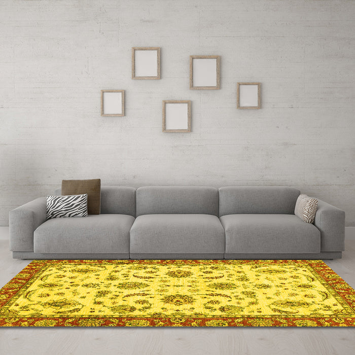 Machine Washable Oriental Yellow Traditional Rug in a Living Room, wshabs2385yw