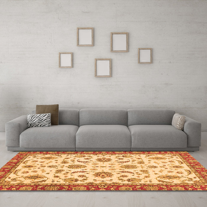 Machine Washable Oriental Orange Traditional Area Rugs in a Living Room, wshabs2385org