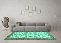Machine Washable Oriental Turquoise Traditional Area Rugs in a Living Room,, wshabs2385turq