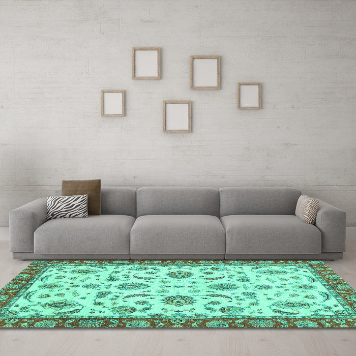 Machine Washable Oriental Turquoise Traditional Area Rugs in a Living Room,, wshabs2385turq