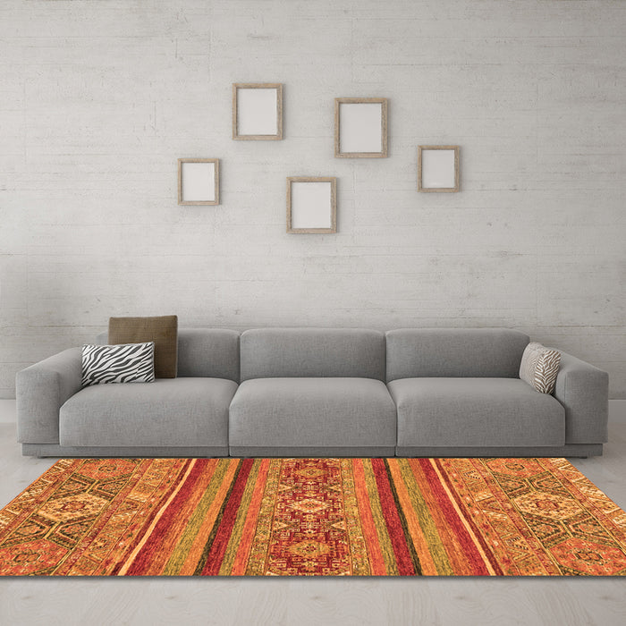Machine Washable Abstract Orange Modern Area Rugs in a Living Room, wshabs2386org