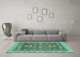 Machine Washable Oriental Turquoise Traditional Area Rugs in a Living Room,, wshabs2390turq