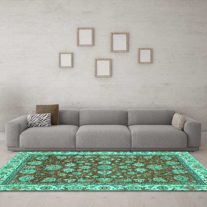 Machine Washable Oriental Turquoise Traditional Area Rugs in a Living Room,, wshabs2390turq