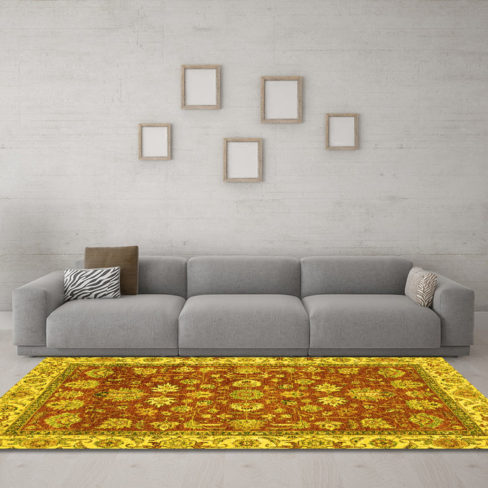 Machine Washable Oriental Yellow Traditional Rug in a Living Room, wshabs2390yw