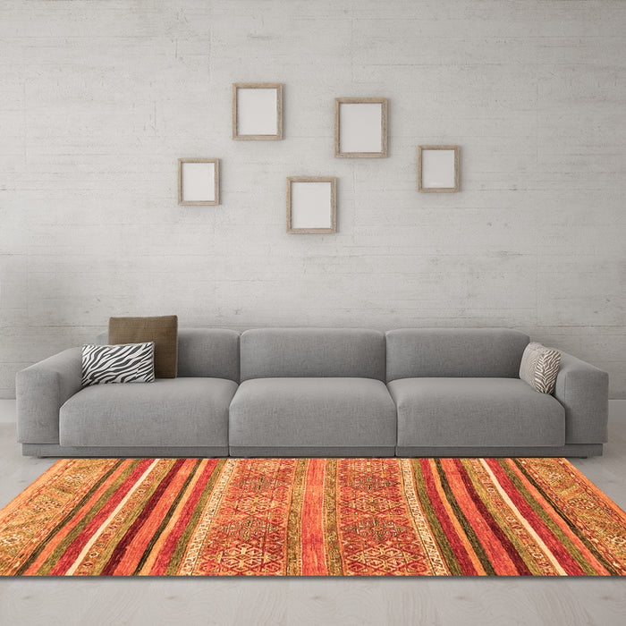 Machine Washable Abstract Orange Modern Area Rugs in a Living Room, wshabs2394org