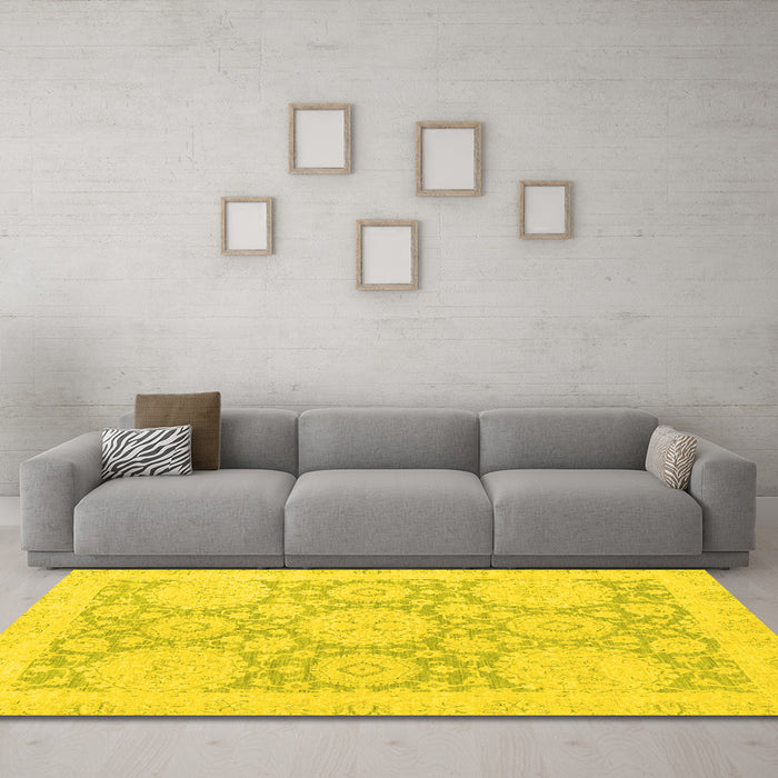 Machine Washable Oriental Yellow Traditional Rug in a Living Room, wshabs2396yw