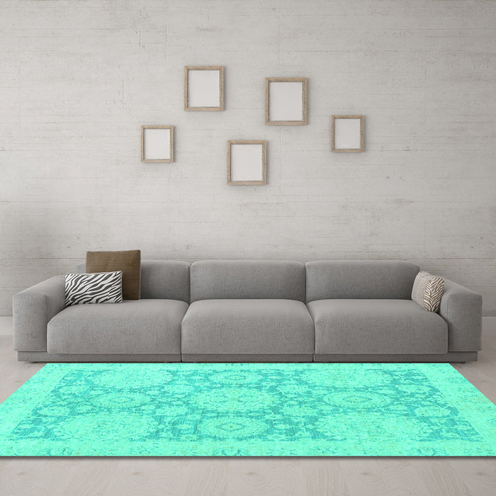 Machine Washable Oriental Turquoise Traditional Area Rugs in a Living Room,, wshabs2396turq