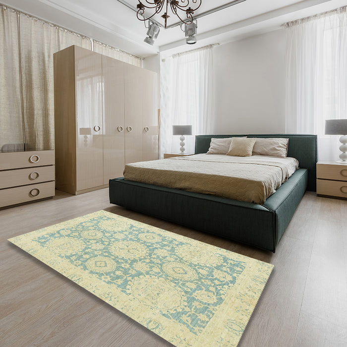 Machine Washable Abstract Khaki Gold Rug in a Bedroom, wshabs2396