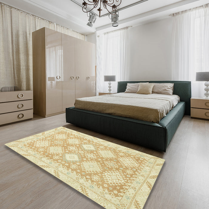 Machine Washable Abstract Khaki Gold Rug in a Bedroom, wshabs2397